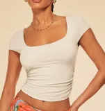 Women Solid Short Sleeve Summer Square Neck Casual T-Shirt
