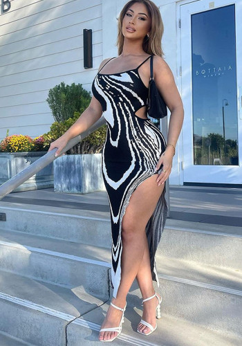 Women Casual Printed Sexy Backless Hollow Slit Strap Dress