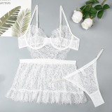 Women's Sexy Lingerie See-Through Lace Strap Nightdress Panties Two-Piece Set