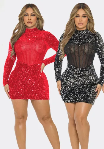 Women Sexy Beaded See-Through Mesh Beaded Bodycon Dress