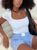 Women Solid Short Sleeve Summer Square Neck Casual T-Shirt