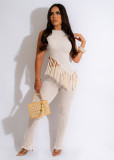 Women's Spring And Summer Irregular Knitting Tassel Vest And Trousers Two-Piece Set
