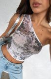 Sexy Women's One-Shoulder Print Short Vest Slash Shoulder Slim Fit Top