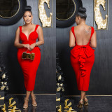 Women Solid V-neck Sexy Backless Dress