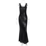 Women's Spring Fashion U-Neck Slim Slit Solid Color Strap Dress