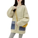 Plus Size Women Loose Denim Pocket Sweater