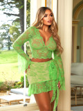 Women Sexy Lace Ruffle Top and Bodycon Skirt Two-piece Set