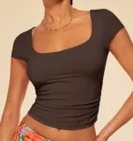 Women Solid Short Sleeve Summer Square Neck Casual T-Shirt