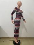 Women Ribbed Printed Stripe Round Neck Long Sleeve Dress
