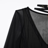 Women mesh long-sleeved hollow See-Through Patchwork Halter Neck V-neck Bodysuit