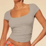 Women Solid Short Sleeve Summer Square Neck Casual T-Shirt