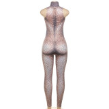 Spring Women's Sleeveless Beaded Print Slim High Waist Jumpsuit