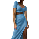 Women's Summer Short-Sleeved Ribbed Crop Top Slit Skirt Sexy Two-Piece Set