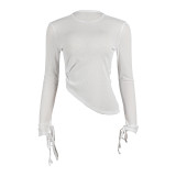 Spring Solid Color Round Neck Pullover Long Sleeve Top Slim Fit Short Women's T-Shirt