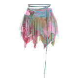 Women Summer Sexy Printed Strappy Crop Top Tassel Skirt Three-Piece