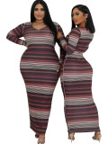 Women Ribbed Printed Stripe Round Neck Long Sleeve Dress
