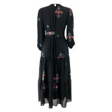 Muslim Solid Color Embroidered Fashionable And Elegant Dress With Belt