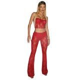Women's Spring Solid Casual Lace Crop Strapless Top Slim Bell Bottom Pants Two Piece Set