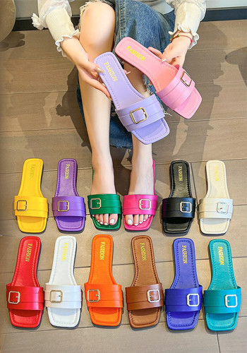 Summer Slippers Plus Size Square Toe Fashion Belt Buckle Casual Beach Sandals