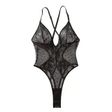Women Sexy Embroidered Mesh Cross Shoulder Straps See-Through Lace Jumpsuit for Women