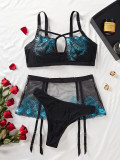 Women See-Through Embroidered Mesh Sexy Hollow Sexy Lingerie Three-Piece