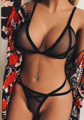 Women mesh transparent Lace-Up bra and sexy lingerie two-piece set