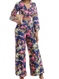 Women's Spring Floral Printed V-Neck Two-Piece Pants Set