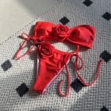 Solid Rose Strapless Drawstring Lace-Up Two Pieces Bikini Swimsuit