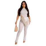 Women's Spring And Summer Irregular Knitting Tassel Vest And Trousers Two-Piece Set