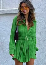 Women Pleated Long Sleeve Belted Shirt Dress