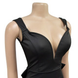 Women Solid V-neck Sexy Backless Dress