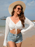 Women Spring and Summer Tie Rope Blouse V-Neck Solid Top