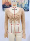 Women Spring and Summer Tie Rope Blouse V-Neck Solid Top
