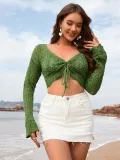 Women Spring and Summer Tie Rope Blouse V-Neck Solid Top