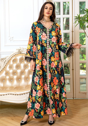 Muslim Print Beaded Ostrich Feather Robe