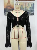 Women Spring and Summer Tie Rope Blouse V-Neck Solid Top