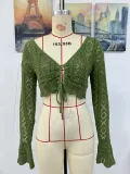 Women Spring and Summer Tie Rope Blouse V-Neck Solid Top