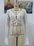 Women Spring and Summer Tie Rope Blouse V-Neck Solid Top
