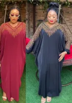 Plus Size African Women V Neck Beaded Loose Bat Sleeves Dress