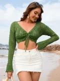 Women Spring and Summer Tie Rope Blouse V-Neck Solid Top