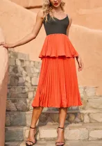 Women sexy sleeveless suspender pleated skirt