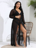 Plus Size Women Sexy See-Through Mesh Lace-Up Sun Cover-up