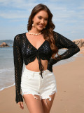 Women Spring and Summer Tie Rope Blouse V-Neck Solid Top