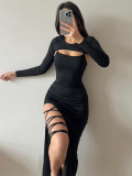 Women's Spring Long Sleeve Cape Top Lace-Up Sexy Straps Slit Bodycon Dress Two Piece Set
