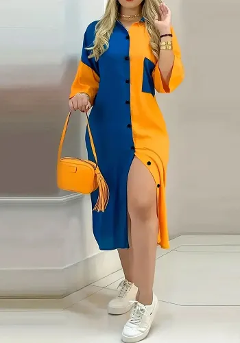Contrast Color Patchwork Plus Size Women's Turndown Collar Half Sleeve Long Shirt Dress