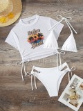 Solid Two Pieces Bikini Print Sun Protection T-Shirt Three-Piece Swimsuit