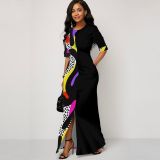Women's Fashionable Print Contrast Color Round Neck Half-Sleeve High Waist Maxi Dress