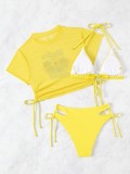 Solid Two Pieces Bikini Print Sun Protection T-Shirt Three-Piece Swimsuit