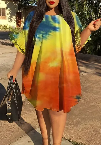 Tie Dye Printed Ruffle Short Sleeve Plus Size Dress
