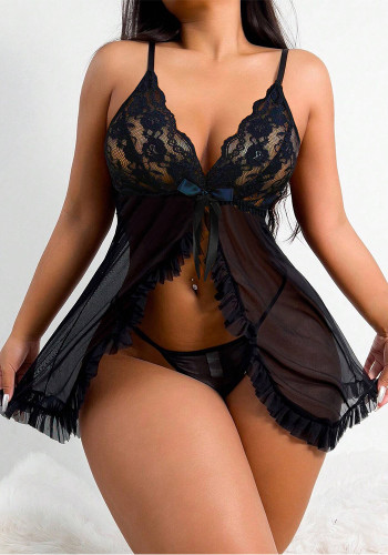 Sexy Black Lace Mesh Slit Nightdress Panty Two Piece Lingerie Set